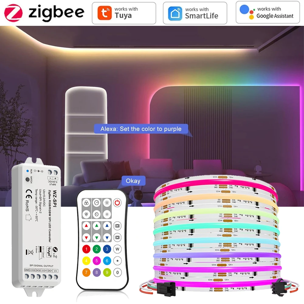 

5m 10m Tuya Zigbee COB RGBIC LED Strip 24V Dream Color Addressable IC Light APP Control 2.4G Remote fr Alexa Google SmartThings