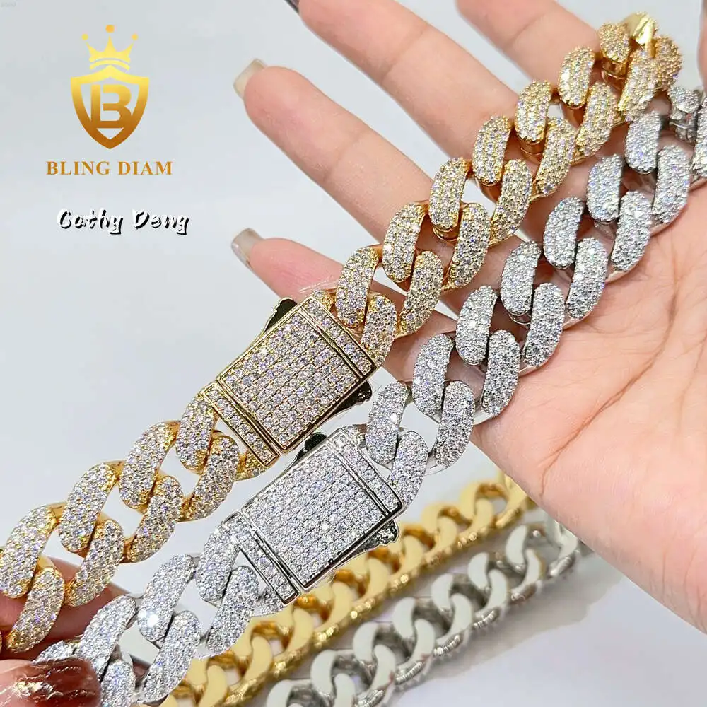 Ready to Ship 18mm 3 Rows Hiphop Zircon Cuban Link Necklace Brass 5a+cz Diamond Fashion Cuban Link Mens Chain