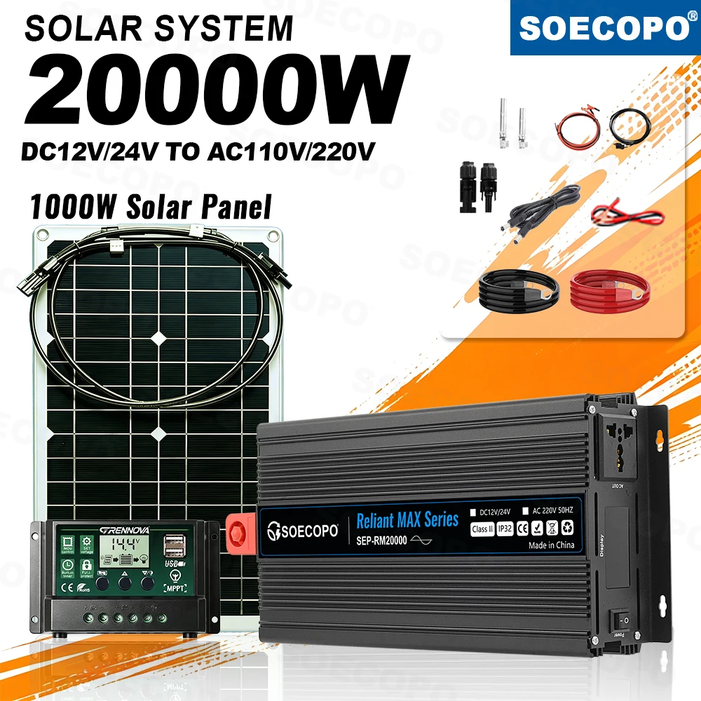 Easy Install Solar Power System Kit(20000W Peak) 1000W Solar Panel MPPT Controller Inverter DC12V/24V AC110V/220V Mobile Office