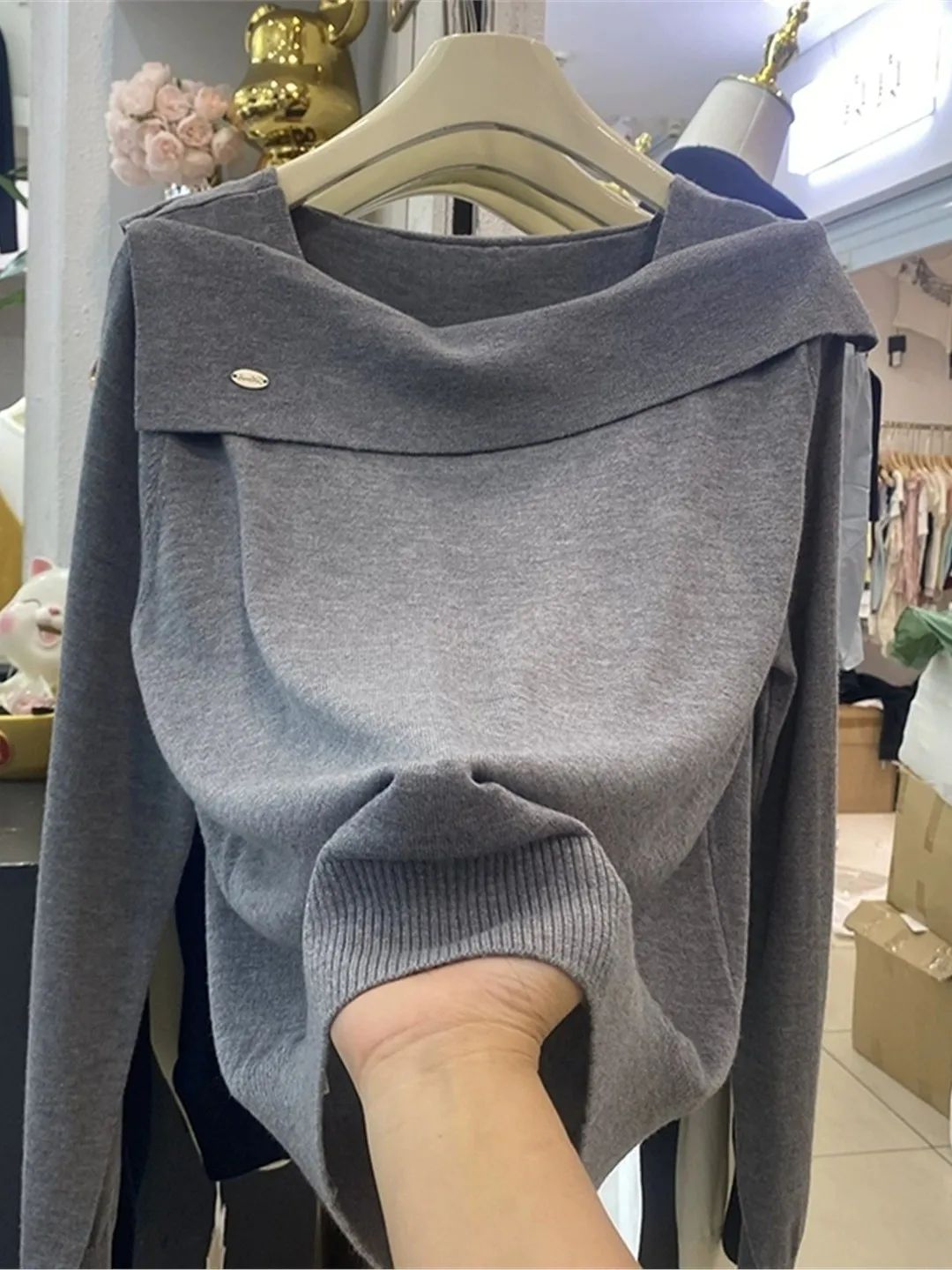 Oule Design Sensation Shoulder Bared Knitted Long Sleeve Women's Sweater Autumn Winter Gentle Fashion Base Layer Knitwear