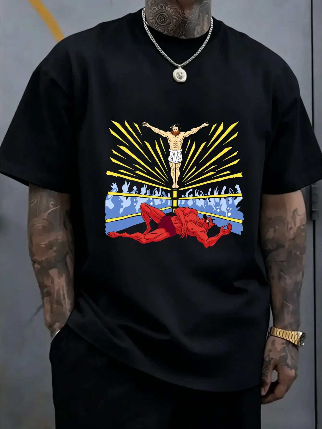 Men Soft Cotton Crew Neck Tee Wrestling Ring Victor Man Defeated Red Devil Cartoon Print Loose Sport Faith Street Daily Tops