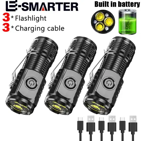 Super Bright Mini 3LED Flashlight With Pen Clip And Tail Magnet,Builtin Battery USB Charge Outdoor Portable Torch Emergency Lamp