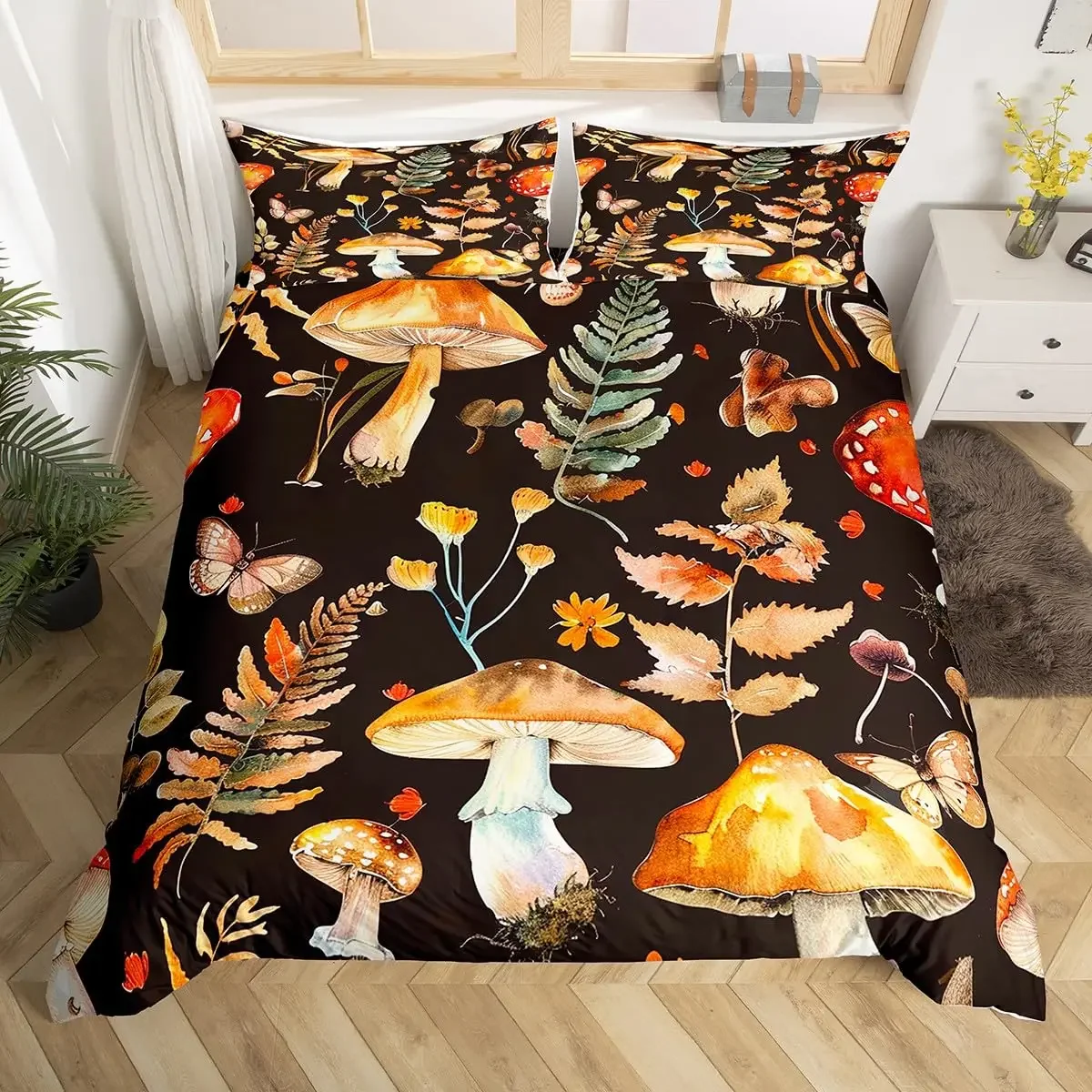 Cute Mushroom Bedding Set King Queen Size Botanical Comforter Cover  Wild Fungus Duvet Cover Colorful Plants Leaves Quilt Cover