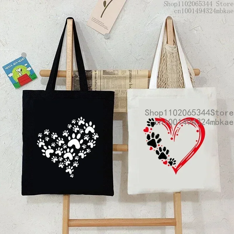 Women Dog Paw Heart Printed Shoulder Bag Cartoon Cute Retro Canvas Tote Bags Men Reusable Shopping Bag Fashion Lady Handbags