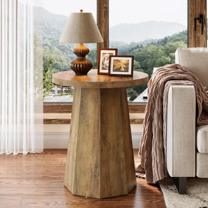 

Round End Table, Wooden Couch Side Table with Octagonal Base, Rustic Brown Nightstand Pedestal Accent Furniture