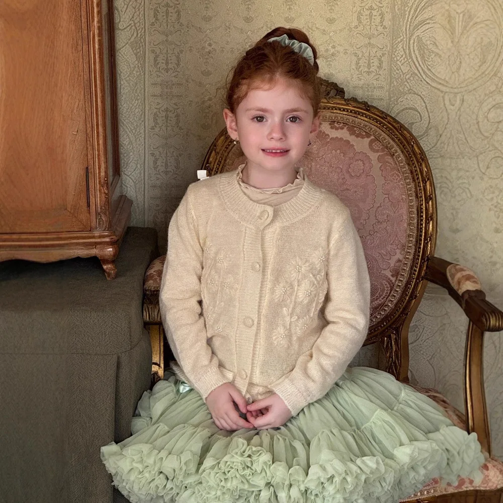 

Autumn 2025 Children Girls Sweater Solid Round Collar Kids Babys Girls Made-crochet Cardigan Retro French Toddler Girls Coats