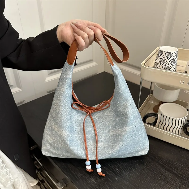 

2025 New Denim Tote Bag Womens Large Capacity Casual Shoulder Bag Stylish Commuter Underarm Purse Minimalist Handheld Bag​
