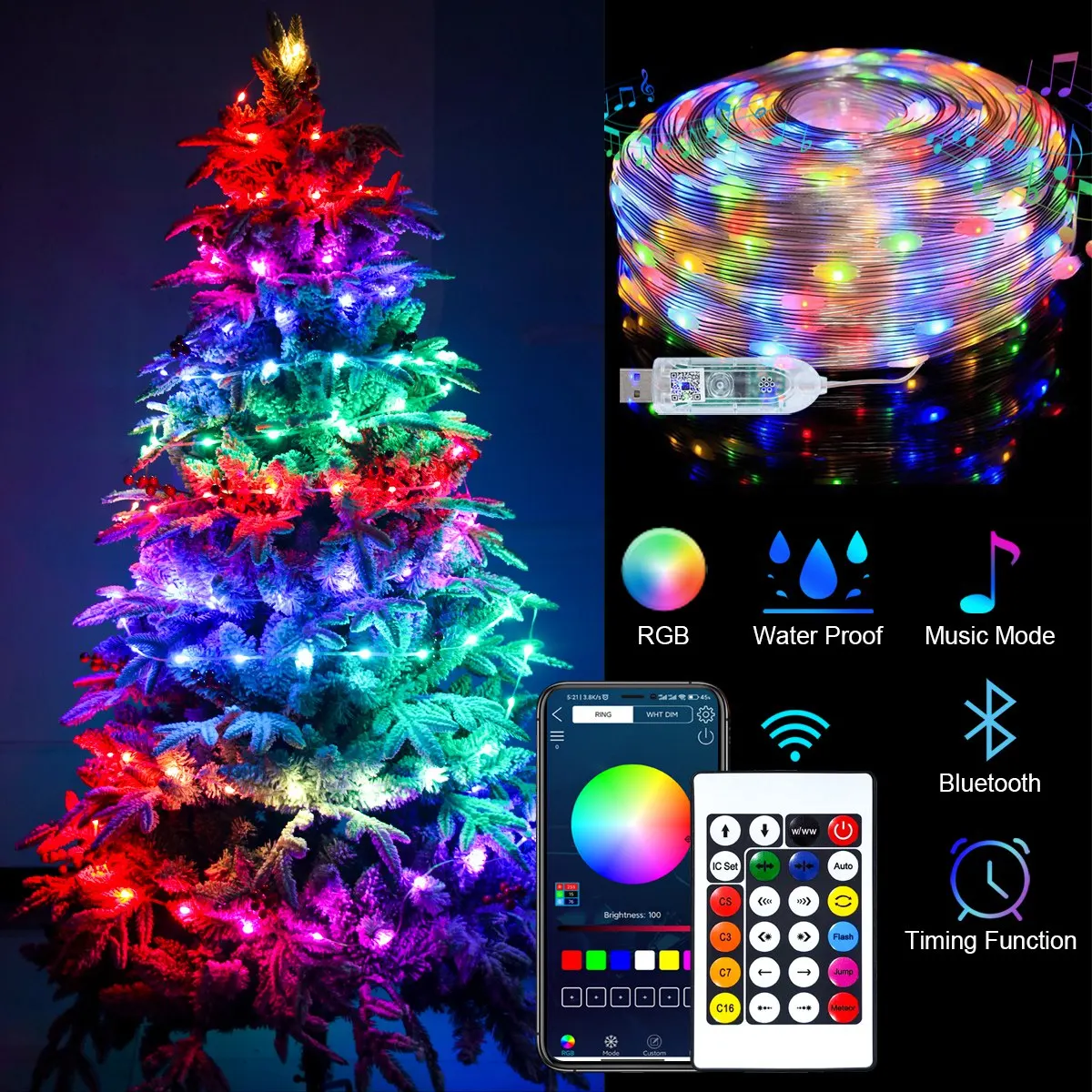 5/10M Usb Kerstboom Lichtslingers Met Slimme Bluetooth App Afstandsbediening 2023 Kerstboom Decor Voor Thuis Nieuwjaar 2024