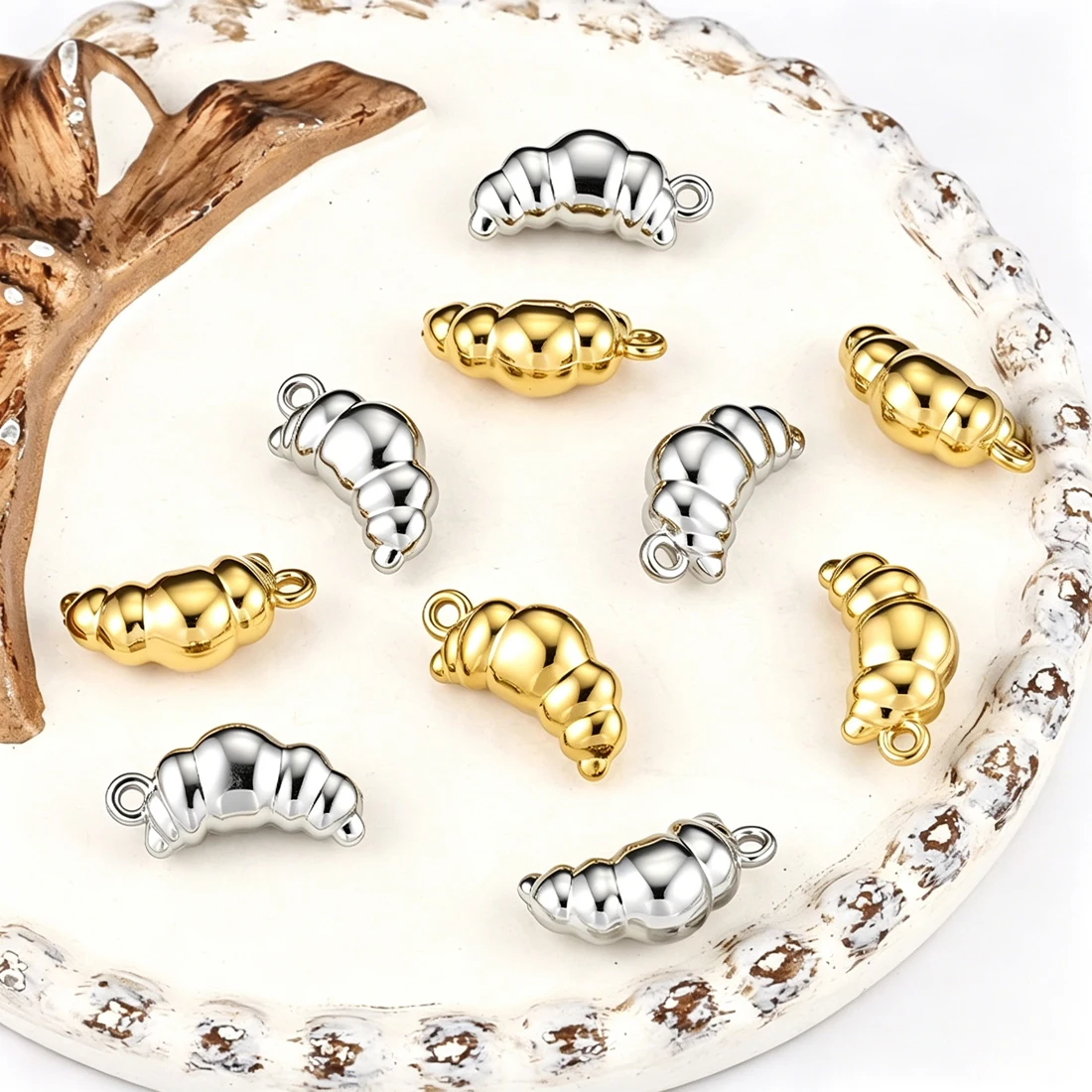 3D Croissant Bread Charm Pendant Stainless Steel Gold Silver Mini Cute Breakfast Pastry DIY Necklace Jewelry Making Findings