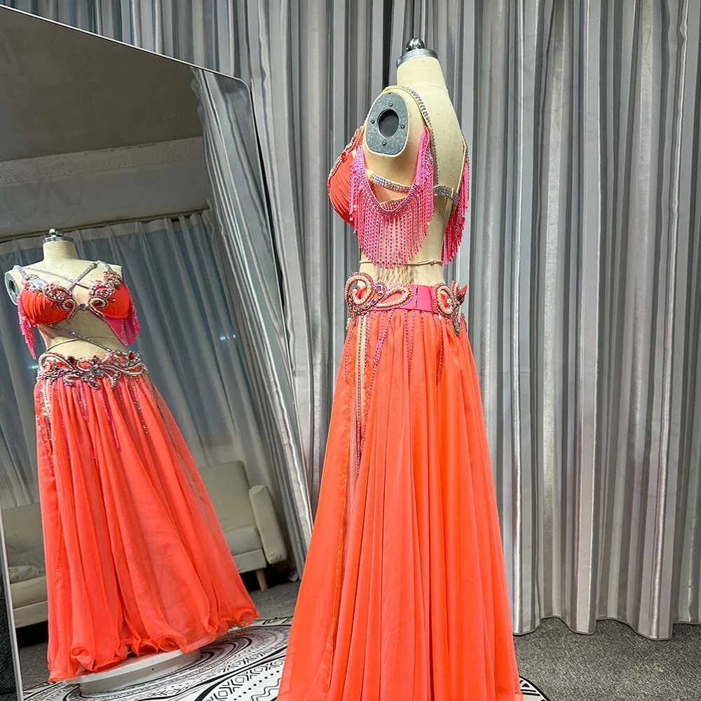BellyDance Suit Embroidery Diamond Bra Split Fishtail Skirt Performance Set Custom Adult Child Competition Clothing Accessories