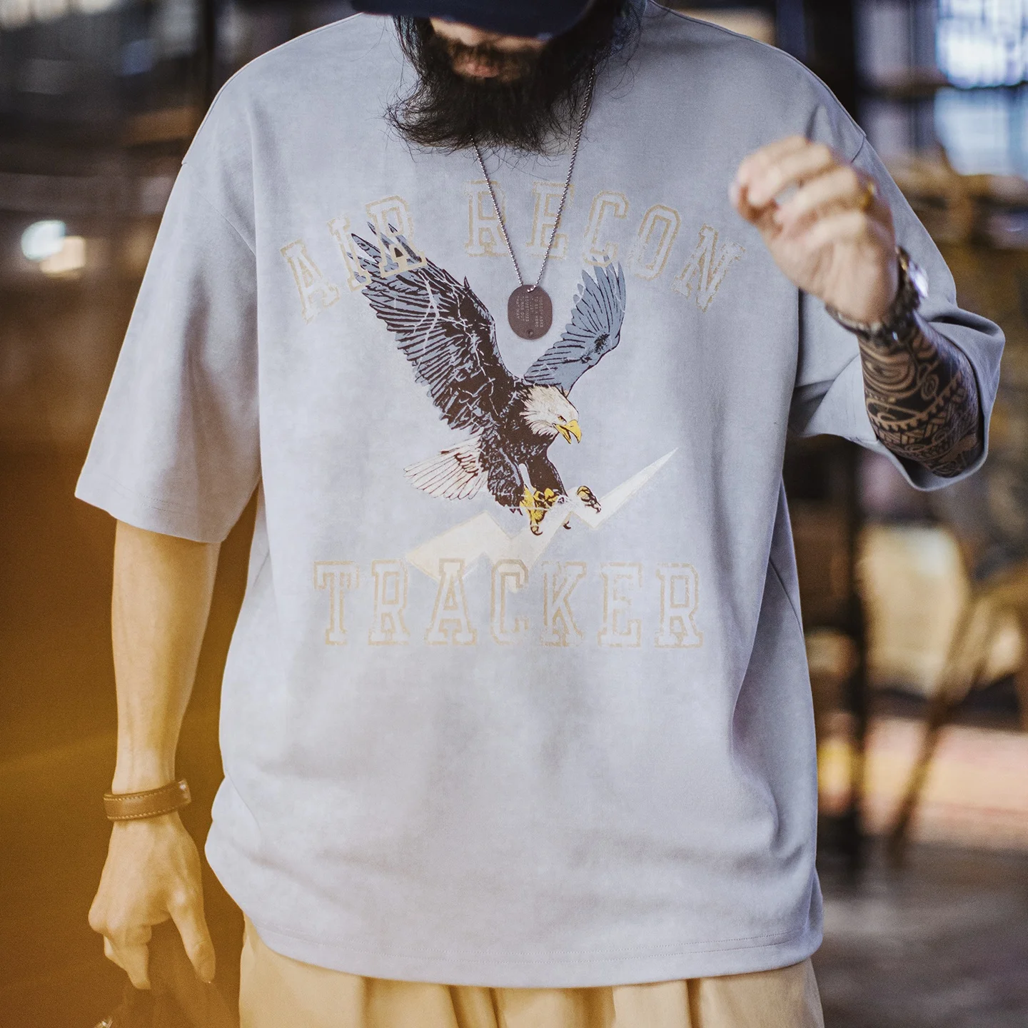 Maden Men's Graphic Short Sleeve T-Shirt Loose Fit Drop Shoulder Washed Tee Casual Summer Vintage Light Blue Crewneck Top