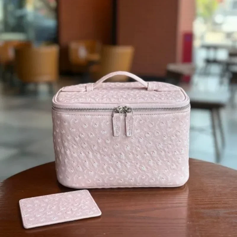 New Snowflake Powder Ostrich Pattern Cowhide Makeup Bag Made of Genuine Leather, Large Capacity, High Texture, Travel Portable