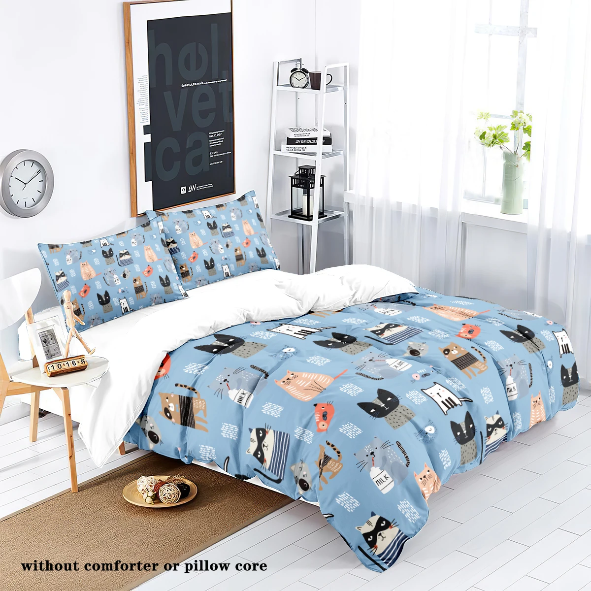 3 piece down set with blue cat pattern (1 down duvet cover+2 pillowcases, no core), comfortable bedding for children's bedroom