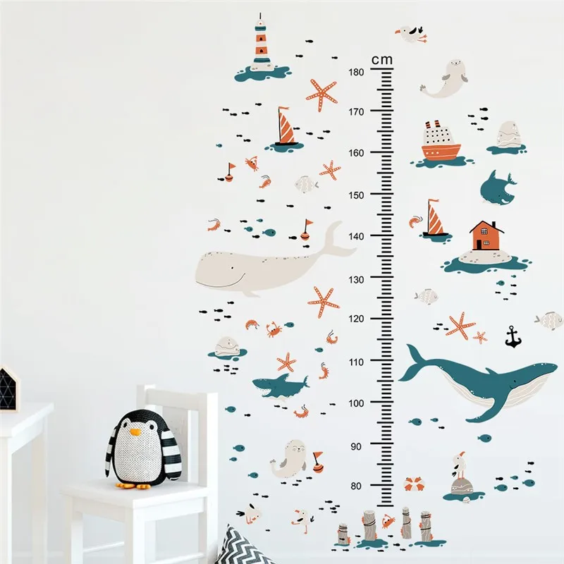 Cartoon Fish Sealifes Measuring Height Wall Stickers For Home Decoration Ocean Mural Art Diy Kids Room Decals Functional Poster