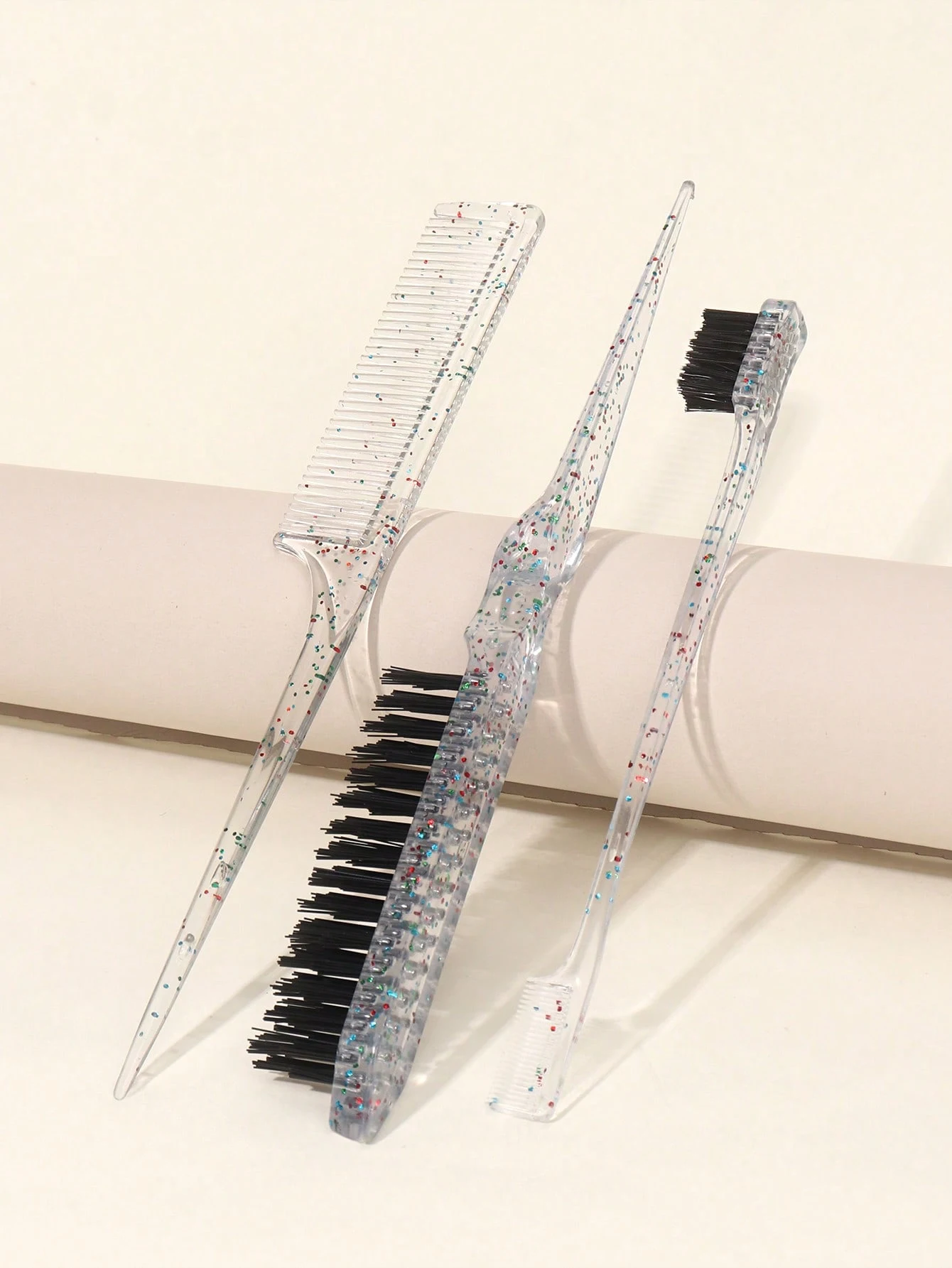 

3 шт. 1 набор блестящих расчесок для хвоста и двусторонней щетки для управления краями, а также блестящая пушистая расческа для укладки волос