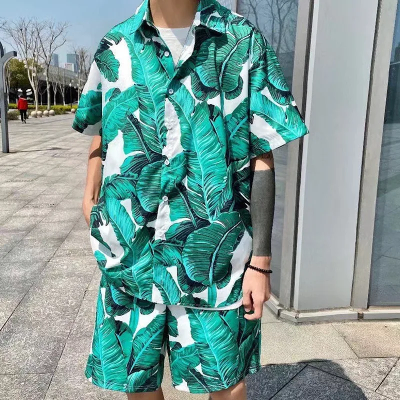 

Casual Suit Mens Hawaiian Beach Summer Sets Vacation Clothing Turn-Down Collars Palm Leaves Print Shirts Shorts Fashion Mens Set