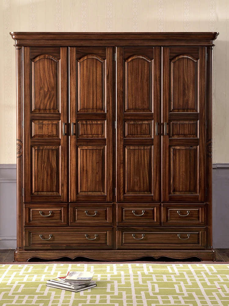 All solid wood black walnut four-door wardrobe storage unit equipped with American country bedroom furniture