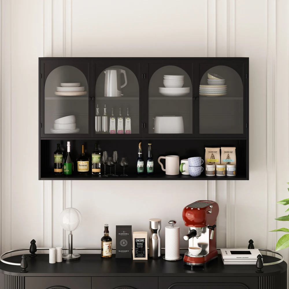 Mobiletto a quattro ante con ante in vetro, da parete, 120 cm, con cornice nera e vetro grigio, ideale come mobile contenitore da parete, vetrina o armadio per la cucina, il soggiorno, il bagno o per