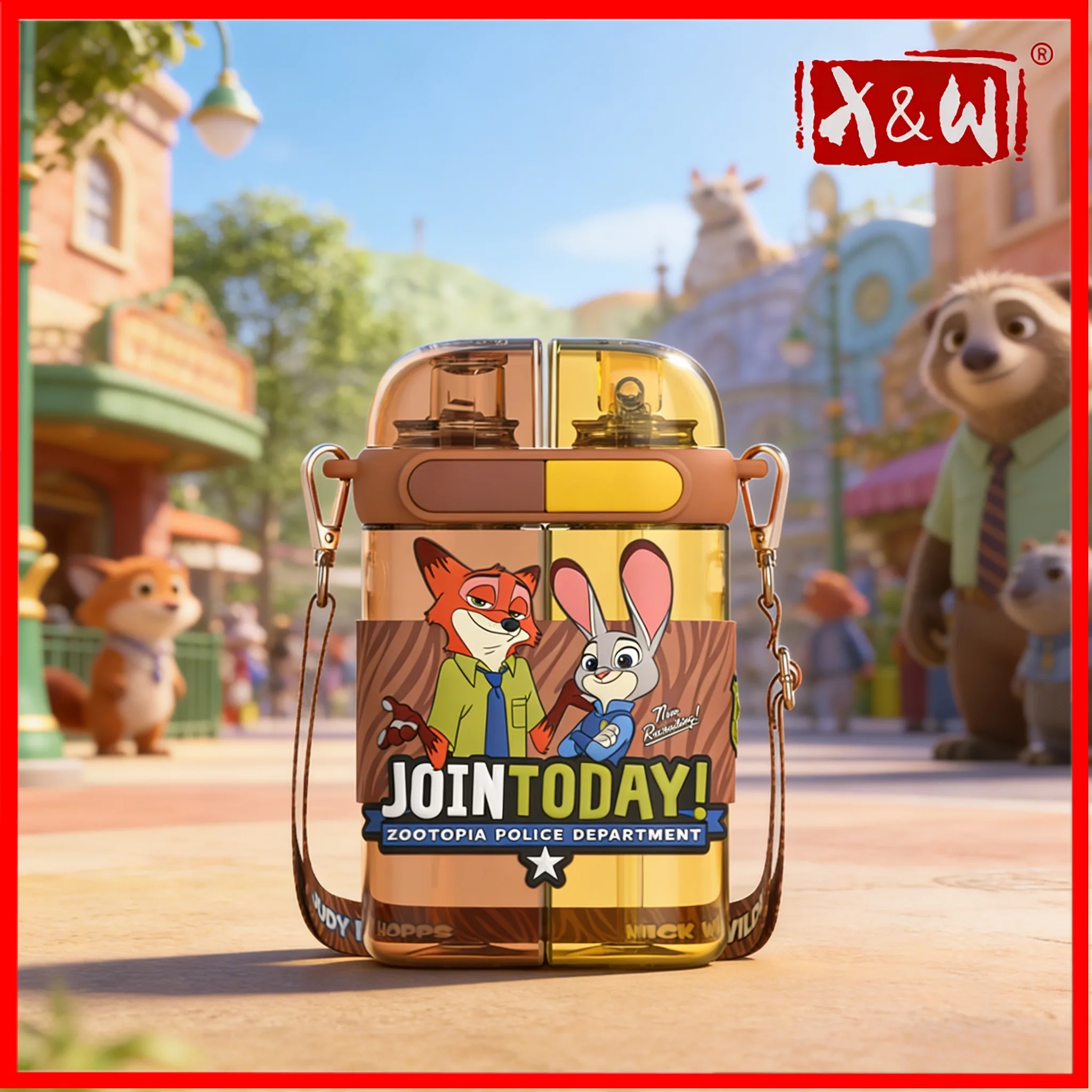 X&W 640 ml Zootopia Doppelter Wassertank-Strohhalmbecher Tritan+PP-Becher mit Isolierabdeckung und Trageseil-Wasserflasche für den Campinggebrauch