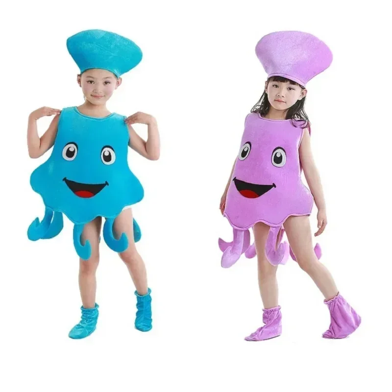 Child Octopus Inkfish Cosplay Costume Blue Purple Sea Animal Octopus Jumpsuit Clothing for Boy and Girl Halloween Party Clothes