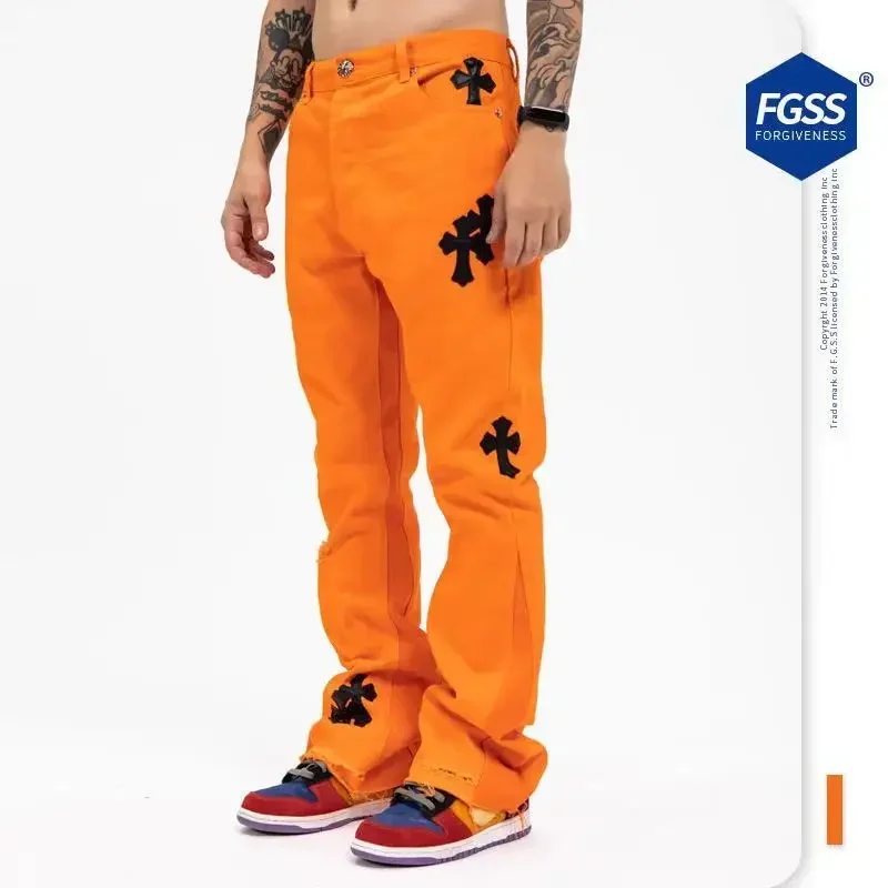 Autumn and winter 2020 new cross embroidered silver button orange jeans flared pants