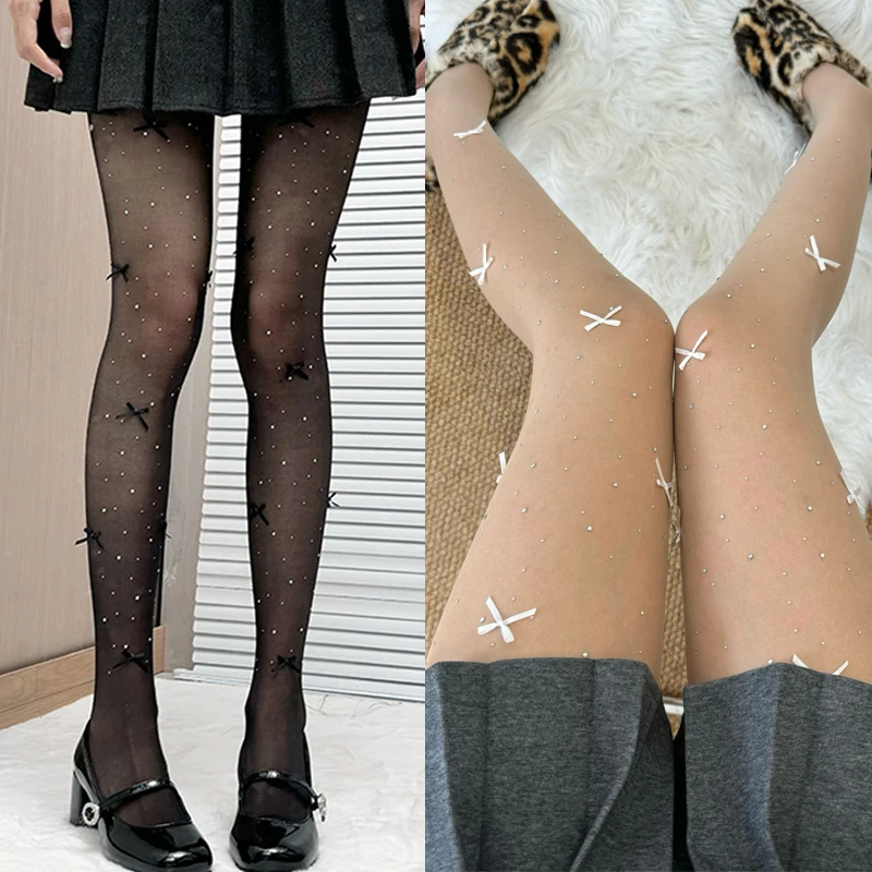 Lolita Velvet Bowkont Embroidery Pearl Tights Pantyhose Flash Diamond Women Tights JK Styles Sweet Girls Kawaii Cute Stockings