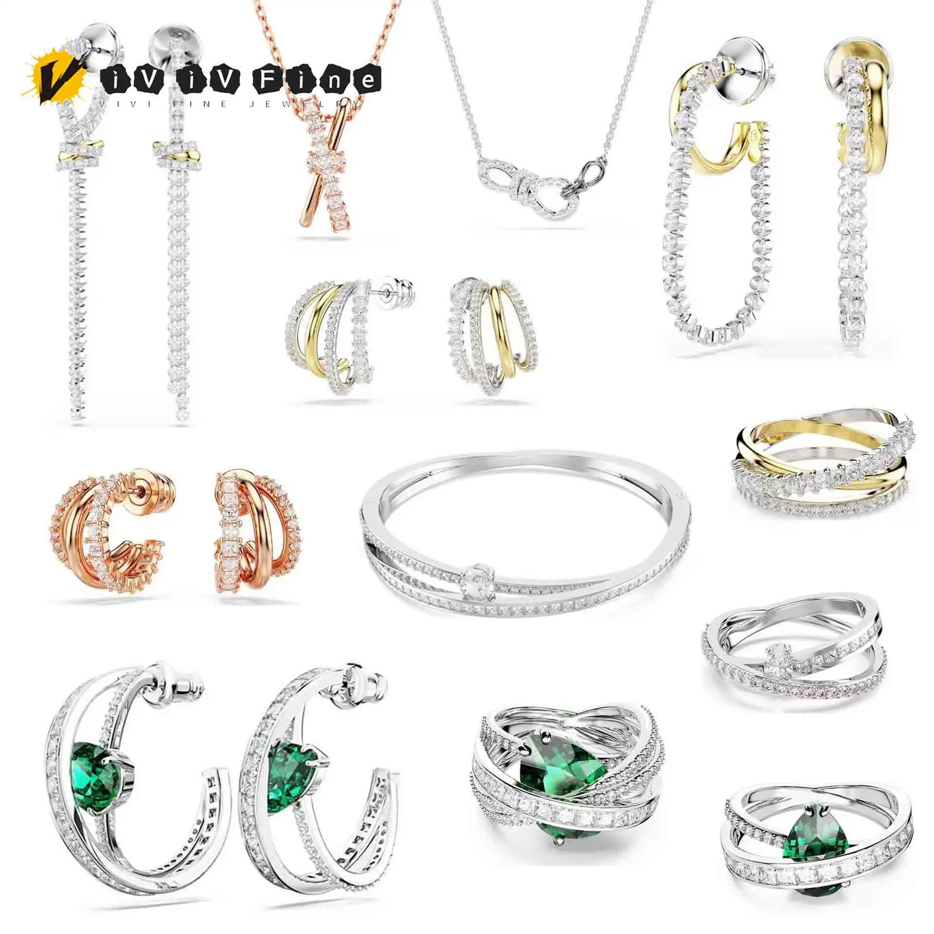 Nuevo Conjunto de Joyería Fina con Aretes Geométricos de Cristal Verde Brillante, Collar con Colgante Multicapa y Brazalete para Mujer