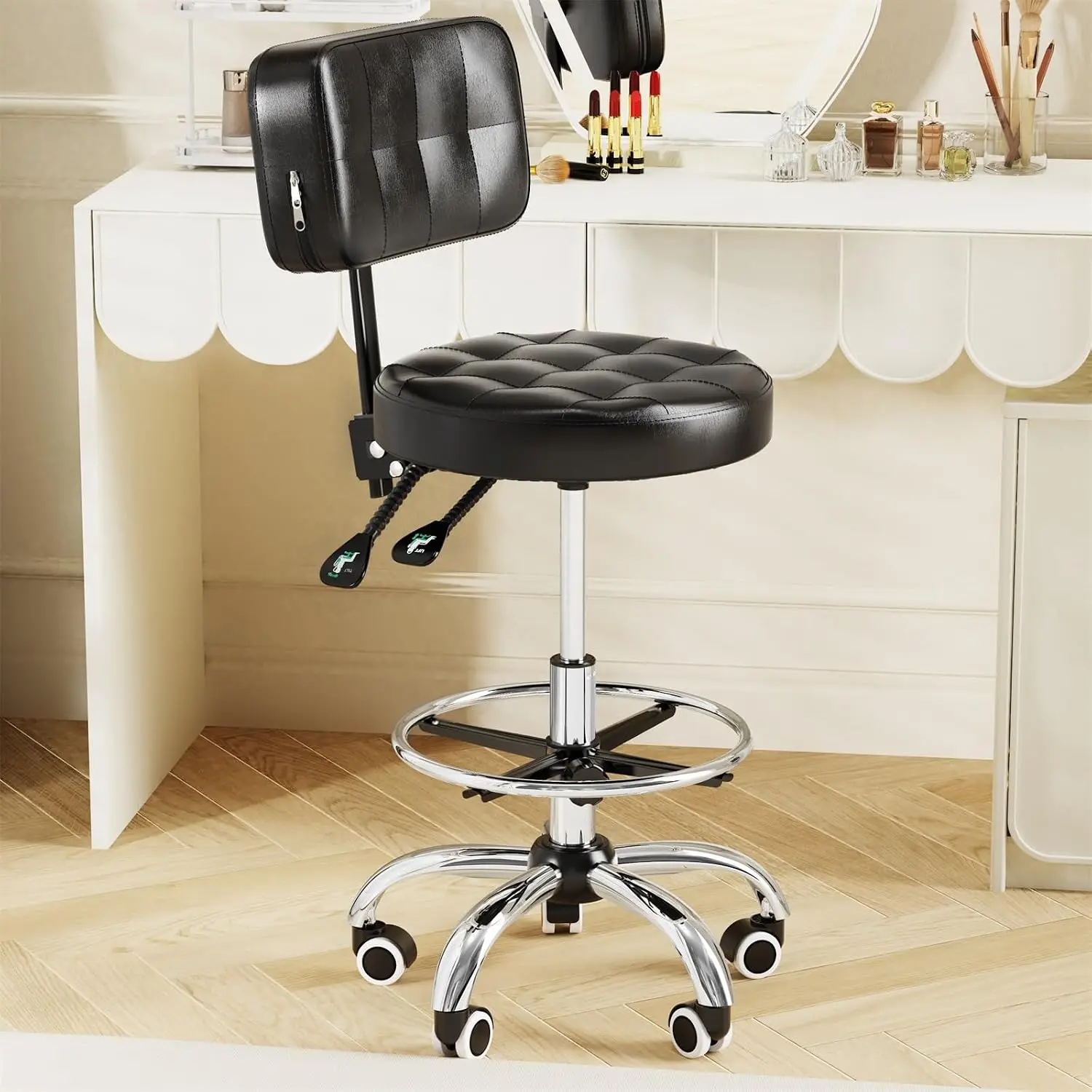 Rolling Stool With Wheels Backrest Foot Rest, Heavy Duty Adjustable Height Swivel Chair, Mobile Desk Salon Spa Tattoo Massage Stool For Home Office Studio Work Black