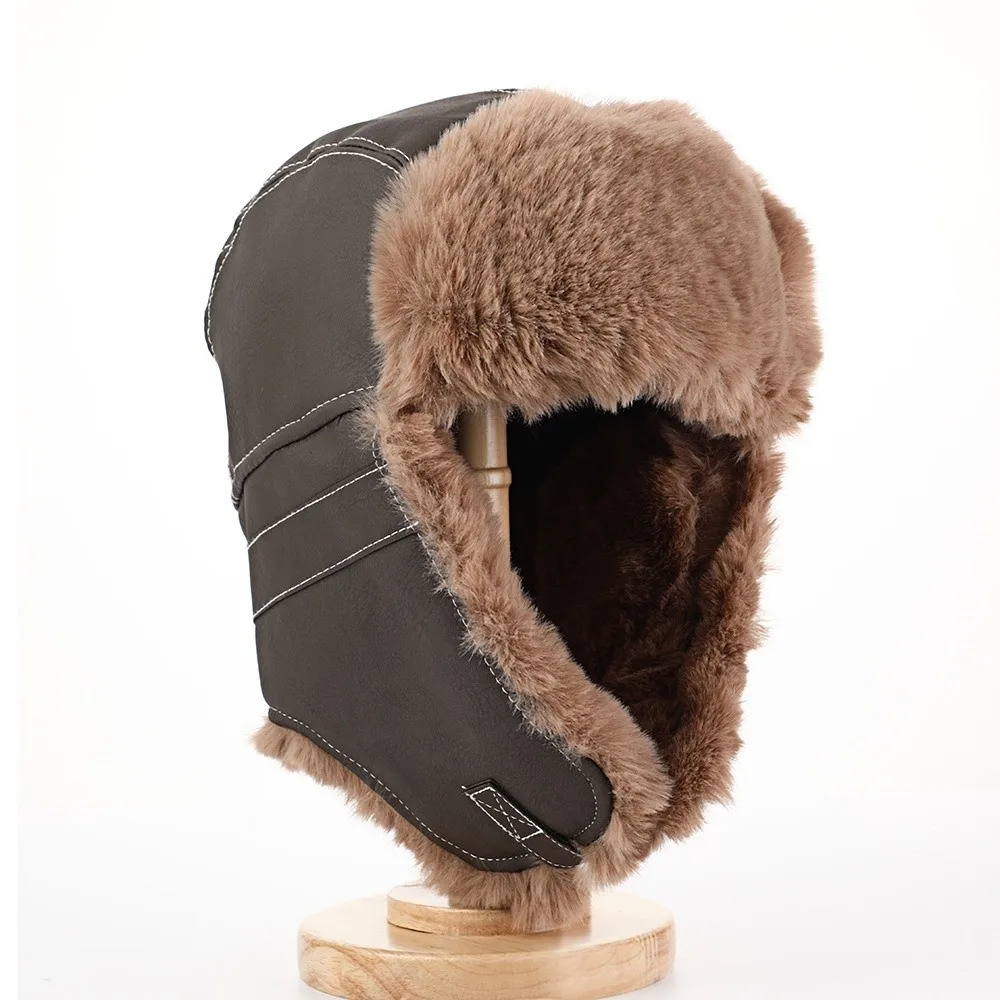 New Faux Fur Lining Trapper Hat Fastening Chin Strap Waterproof Earflap Hat Warm Bomber Hat Winter Outdoor Wear