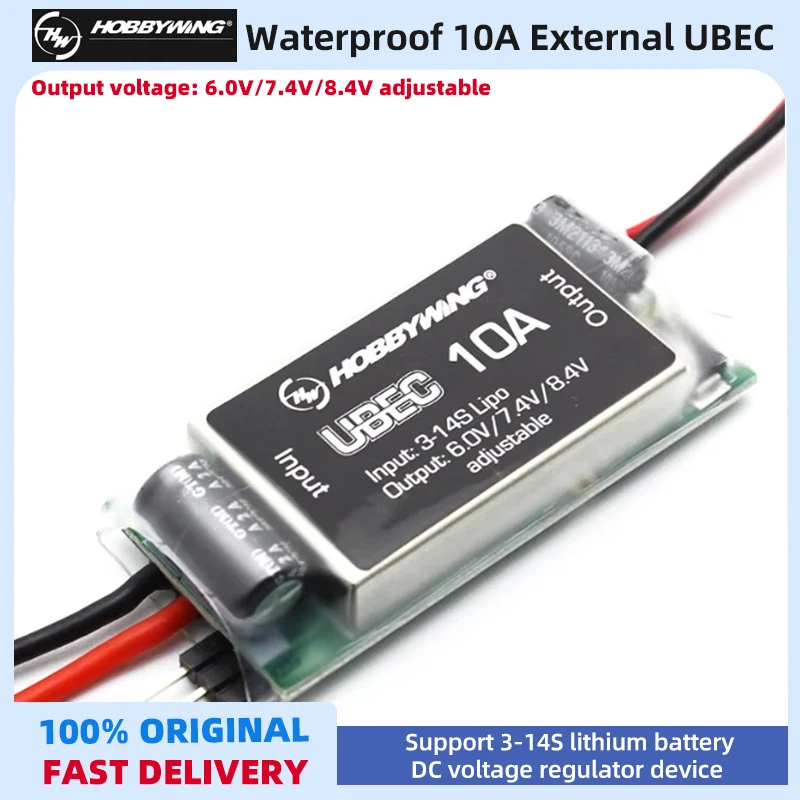 

Hobbywing Waterproof UBEC 10A Voltage Regulator Module 3-14S 6 / 7.4 / 8.4V 10A Adjustable BEC High Voltage For RC Car Parts