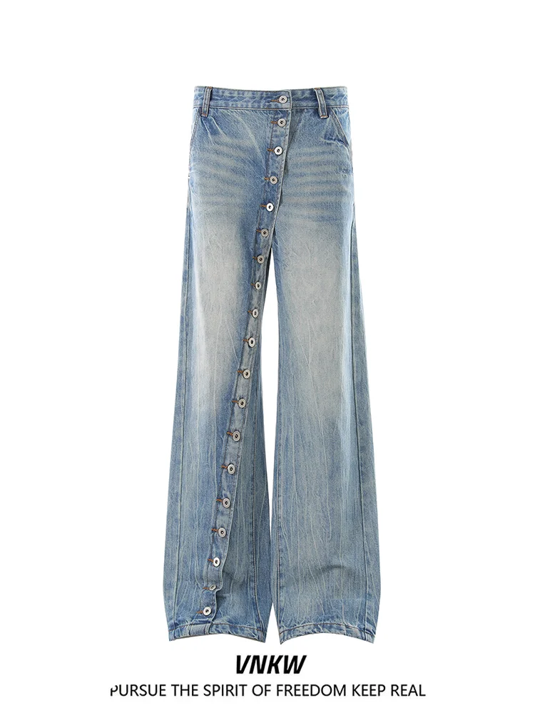 

Ретро-джинсы с пуговицами в американском стиле, расклешенные, для мужчин и женщин, свободного кроя, плотные, повседневные, прямые брюки, молодежный тренд