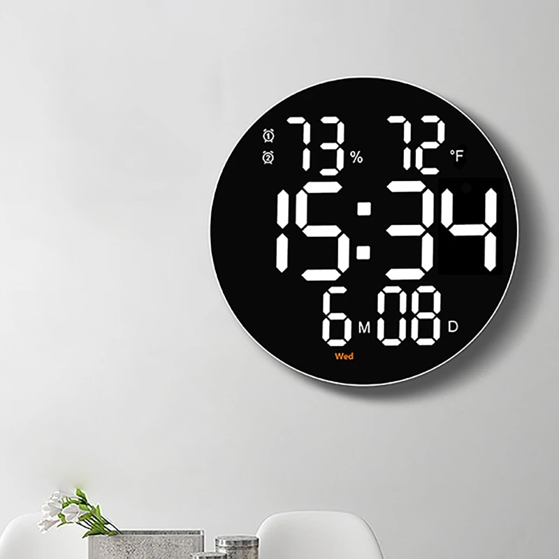 LED Wall Clock Round 3D Large Silent Temperature Humidity Display Digital Wall Clocks with Remote Control Clocks Wall Home Decor