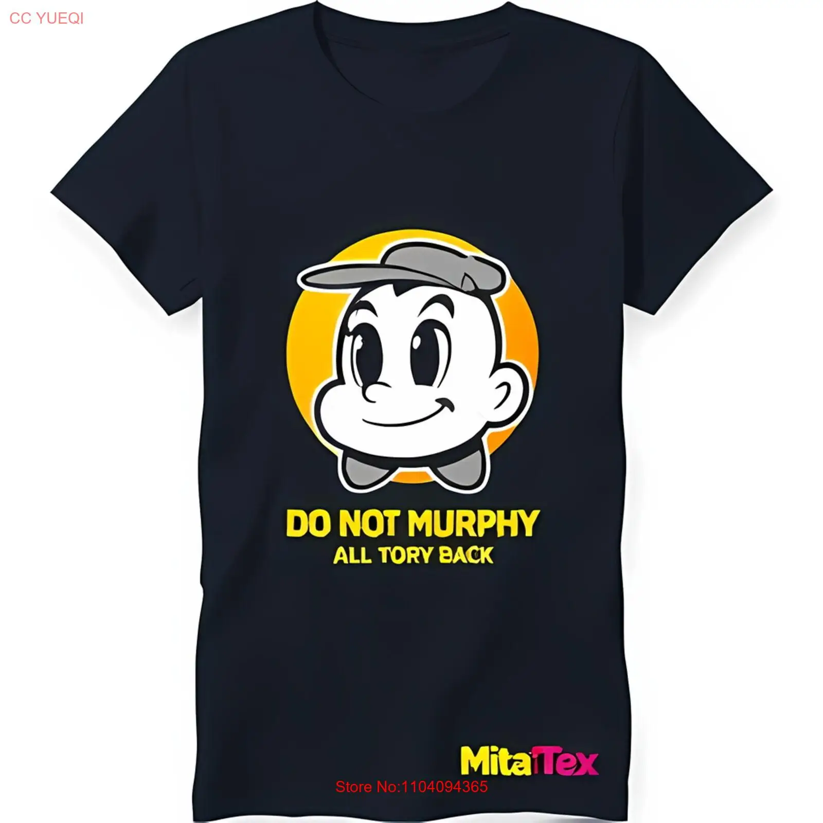 

Men's Black T-Shirt with Cartoon Boy Graphic & Fun 'Do Not Murphy All Back' Text