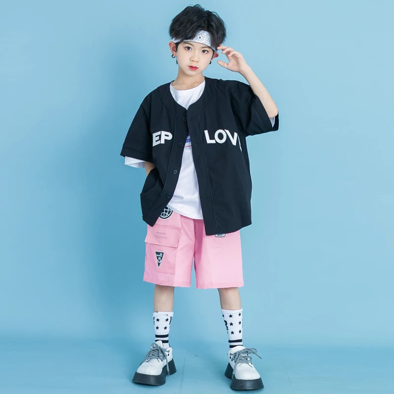 Kids Street Wear Hip Hop Clothing Balck Cardigan Baseball Shirt Tops Pink Cargo Shorts for Girl Boy Jazz Dance Costume Clothes