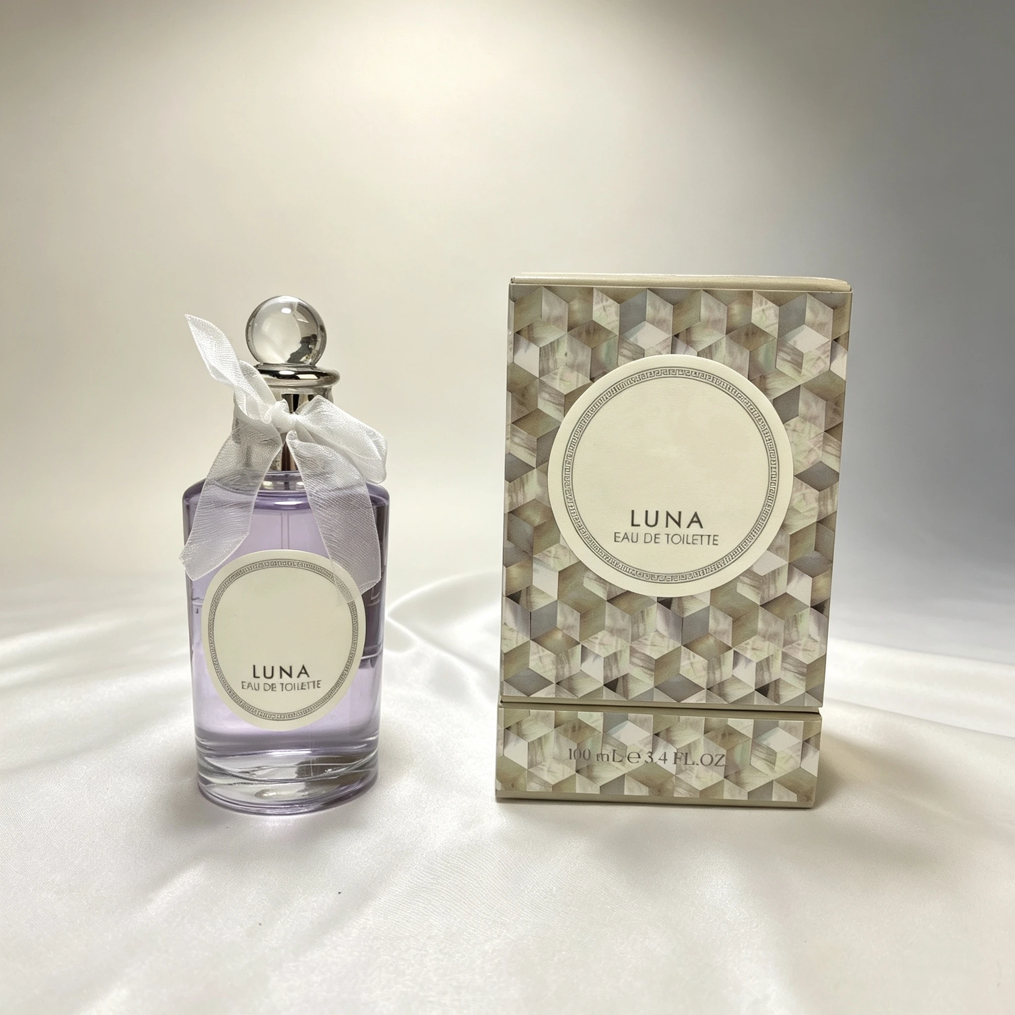 Bergamot Rose Jasmine Cedar Musk Long Lasting Light Niche Fragrance, Purple Glass & Geo-Pattern Box with White Ribbon