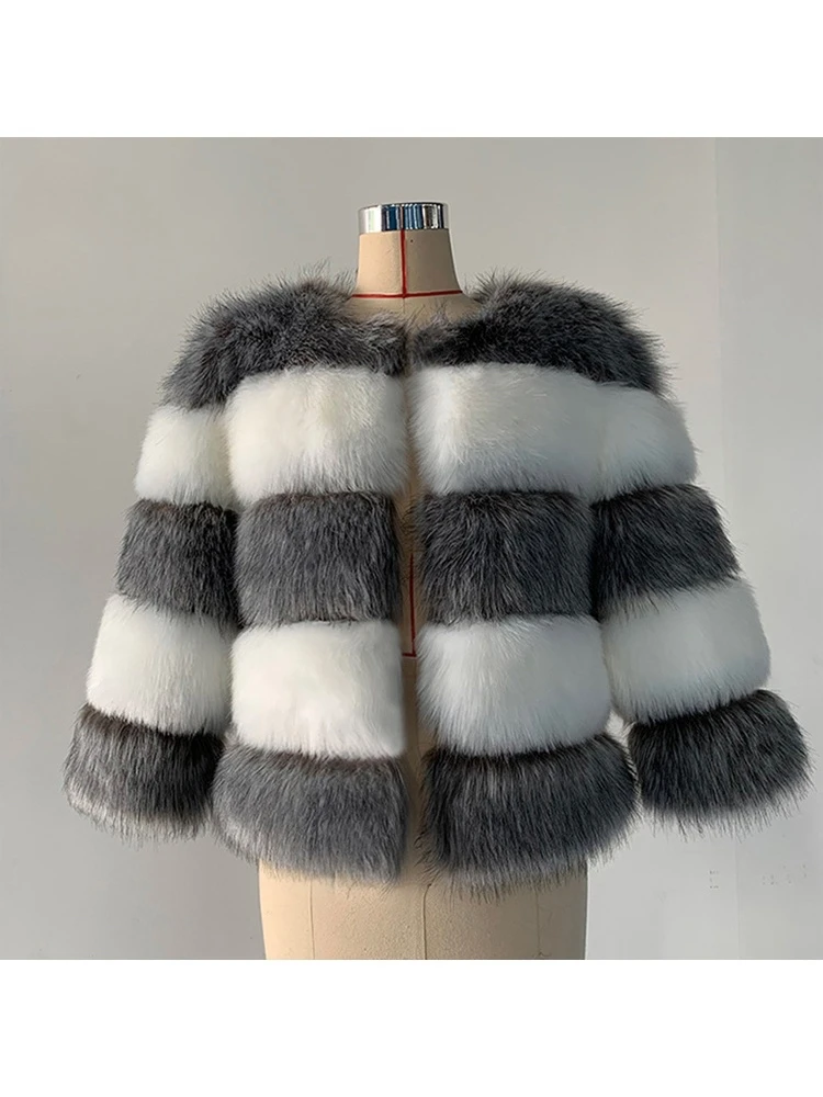 

Winter Fashion Warm Plush Heavy Synthetic Fur Red White Color Blocked Striped Soft Fluffy Comfortable Casual Commuting Outerwear