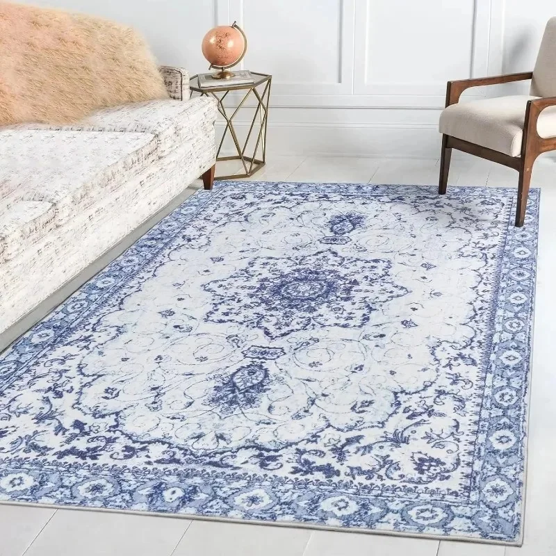 VIKAMA Classic Ethnic Ornate Floral Pattern Anti‑slip Rug Washable Light‑toned Vintage Farmhouse Style Indoor Large Decor Carpet