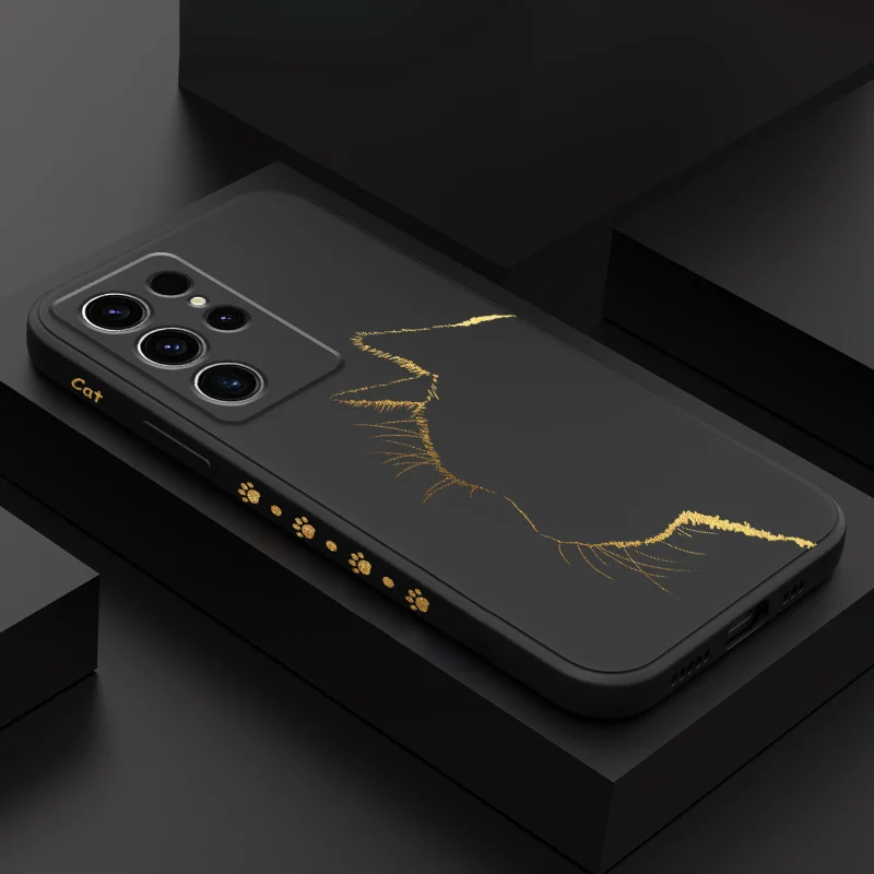 

Black Gold Cat Phone Case For Samsung Galaxy S25 S24 S23 S22 S21 S20 Ultra FE S10 S10E Plus Note 20 Ultra Silicone Cover