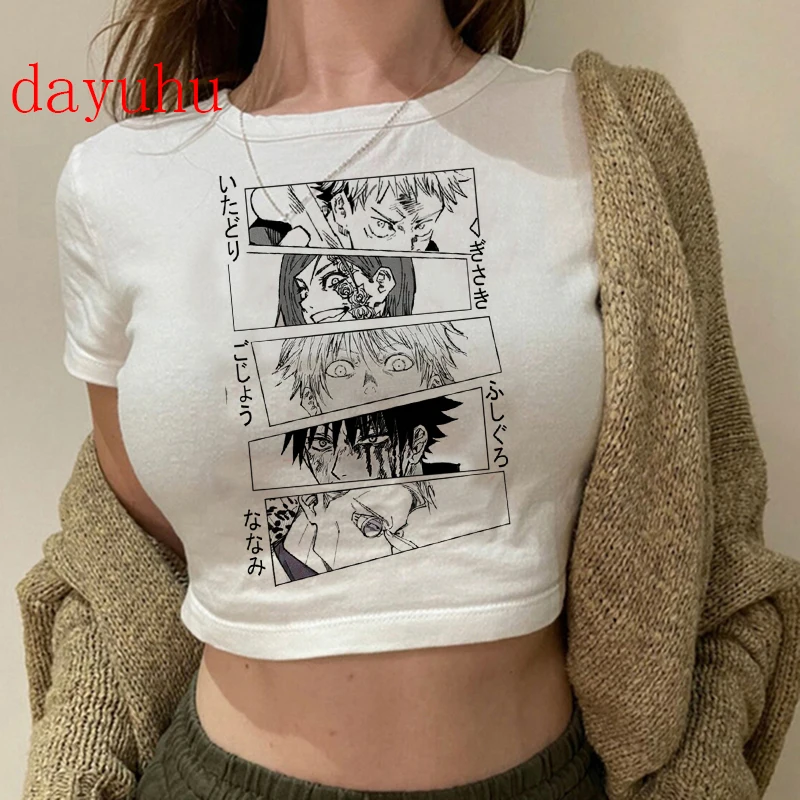 90S Hip Hop Crop Top Tshirt Manga Japanese Anime Jujutsu Kaisen T Shirt Gojo Satoru Tops Yuji Itadori Cropped Tees T-shirt