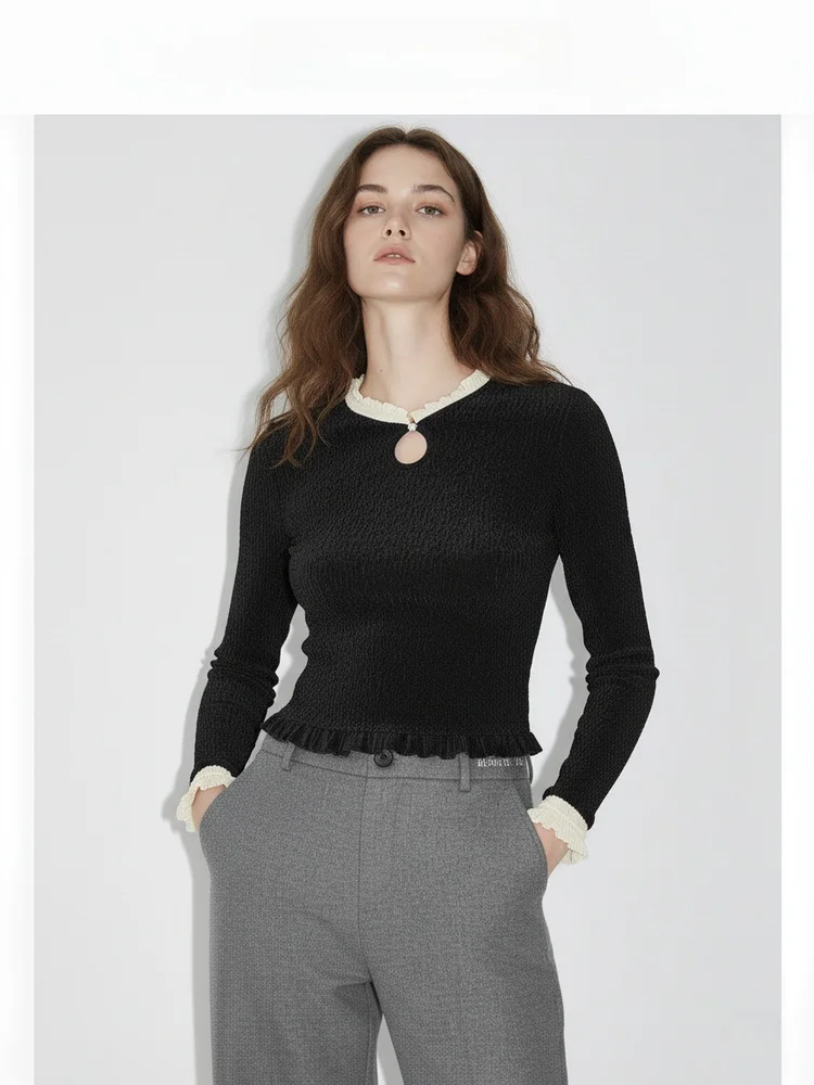 

Женский облегающий вязаный джемпер Color Blo из бархата с длинными рукавами, с эффектом сборки, на пуговицах в форме ромбов, повседневный, с круглым вырезом