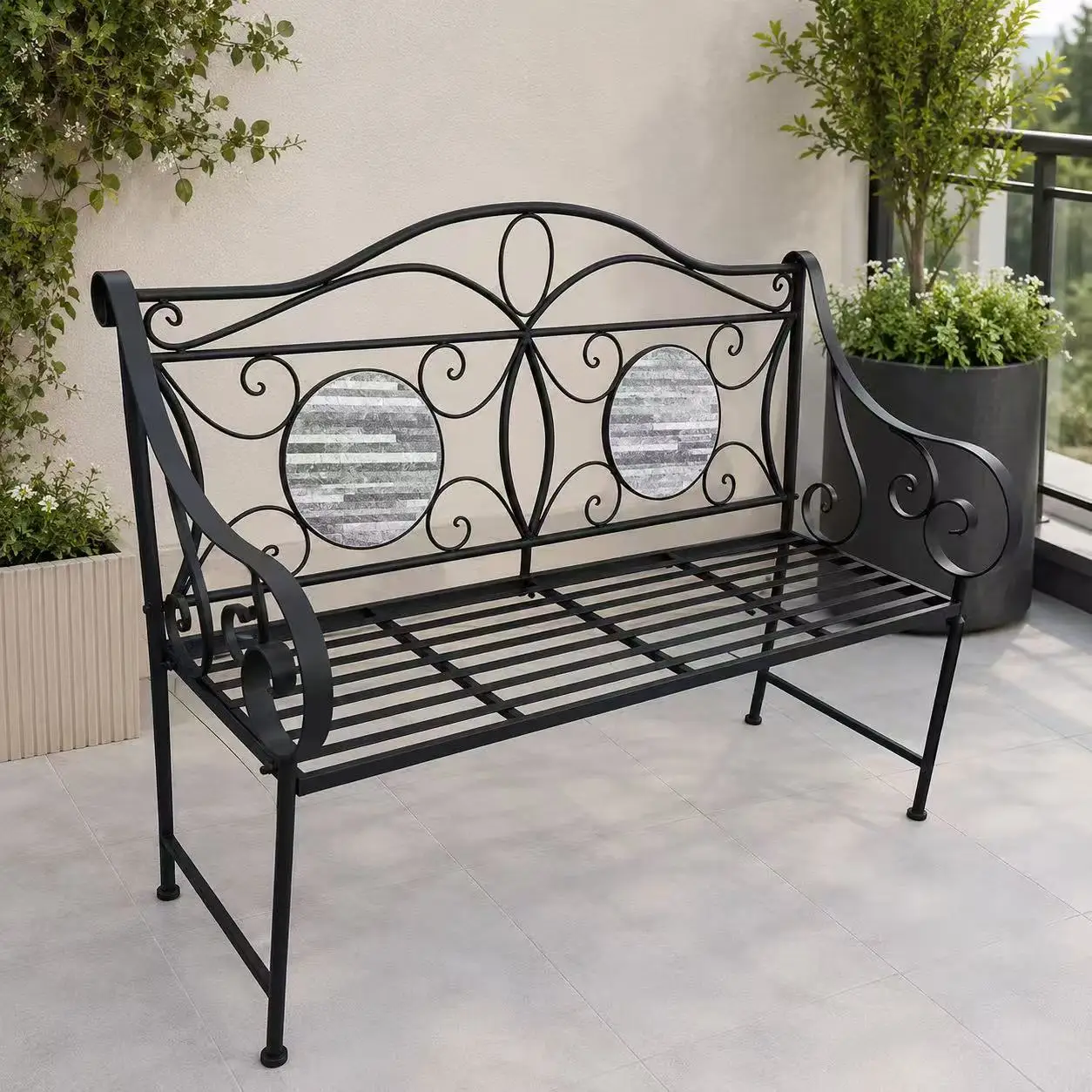 Outdoor garden wrought iron bench, European retro pattern design balcony courtyard double seat