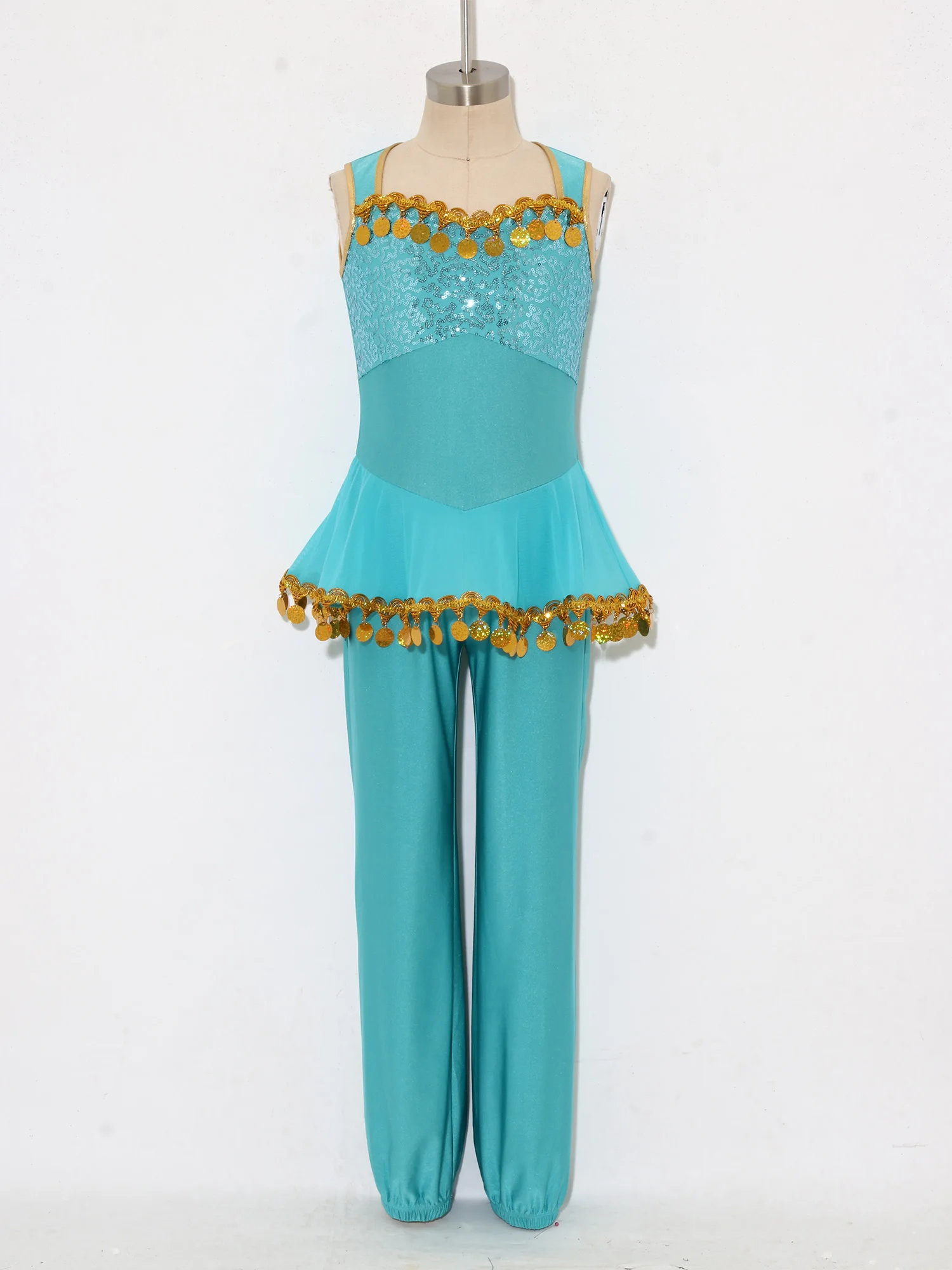Kids Girls Arabian Princess Costume Shiny Sequin Gold Trim Tassel Mesh Peplum Jumpsuit Sleeveless Cutout Performance Bodysuit 3