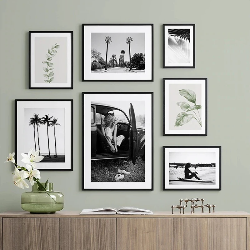 Póster de hoja verde, pintura decorativa en lienzo de paisaje en blanco y negro, cuadro artístico impreso para pared, decoración