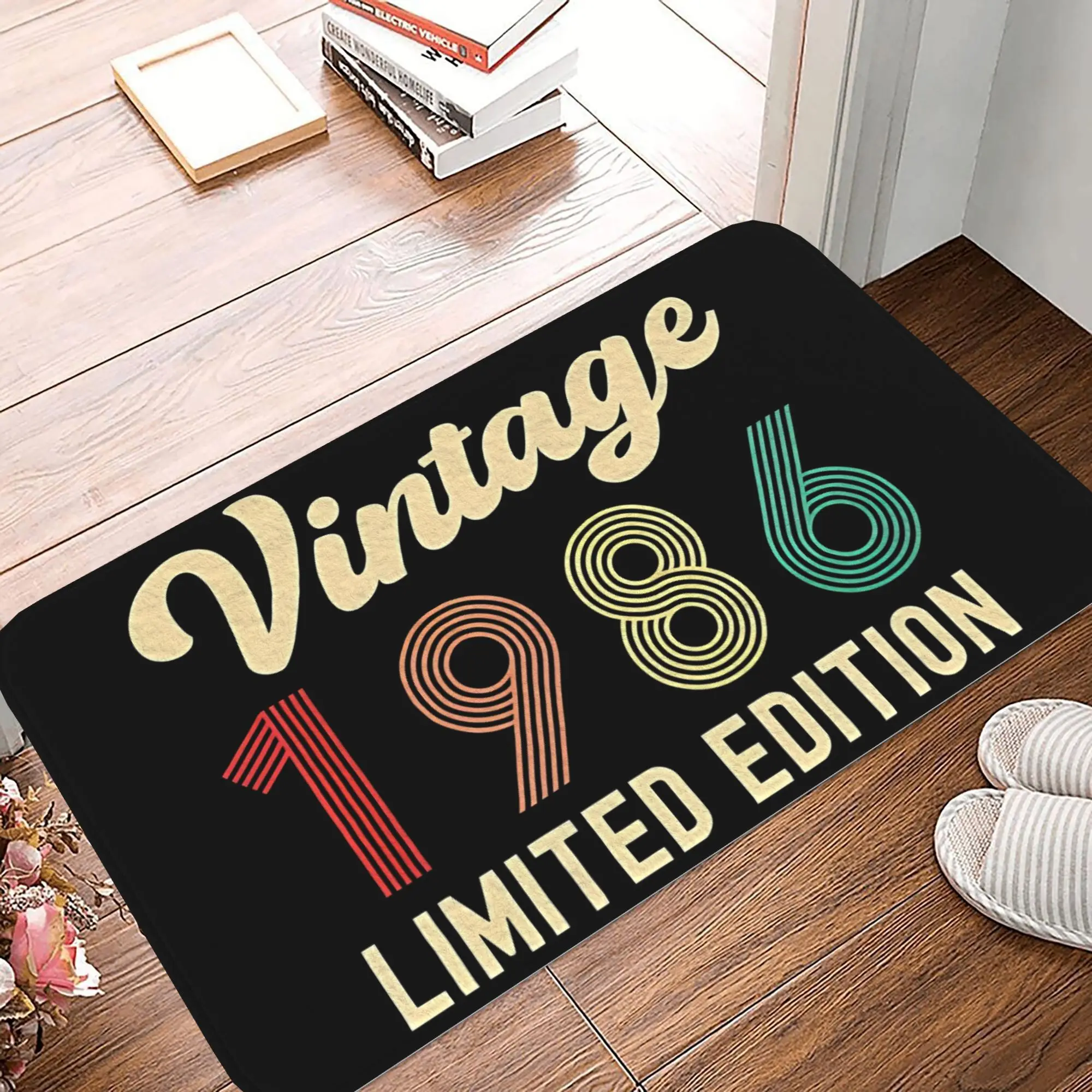 1986 Vintage Doormat – Black, “Vintage 1986 Limited Edition” Retro Text, Multicolor Lines, Flannel, Non-Slip, Indoor Use Only