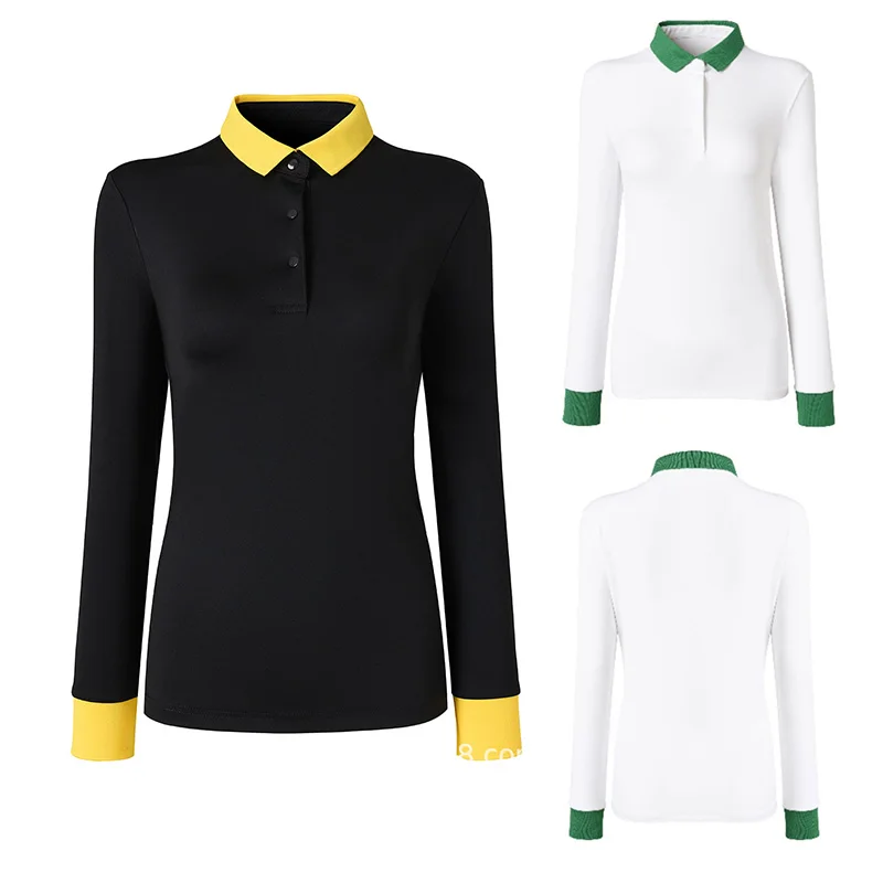 Fashion Golf Spring Autumn Polo Collar Shirts Women Simple High Quality Long Sleeve Sports Shirt Ladies Contrast Color Golf Tops