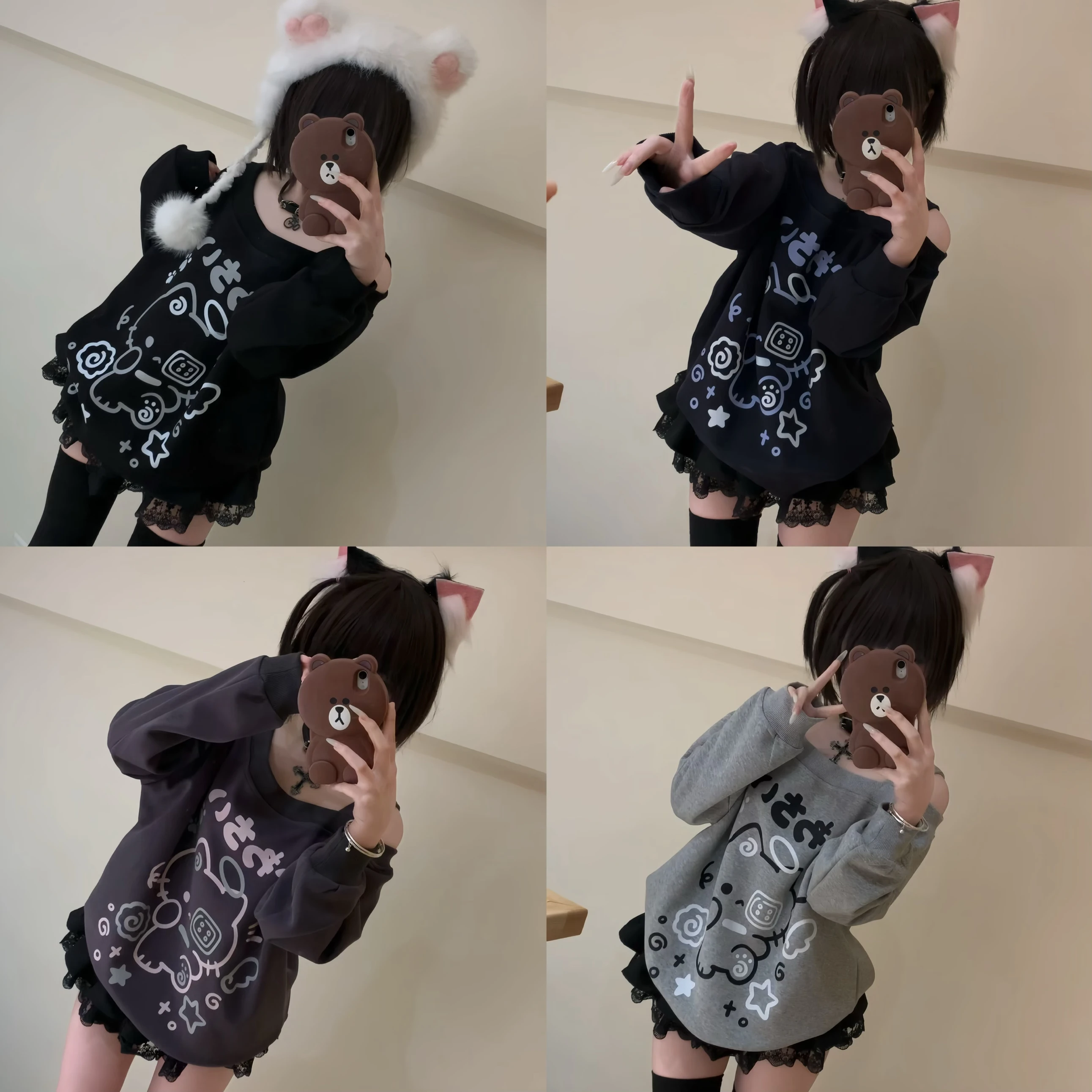 Bonito oulder Bared Long Sve round Ne Quadri-color Moletom solto ajuste confortável algodão poliéster primavera feminino Swea...