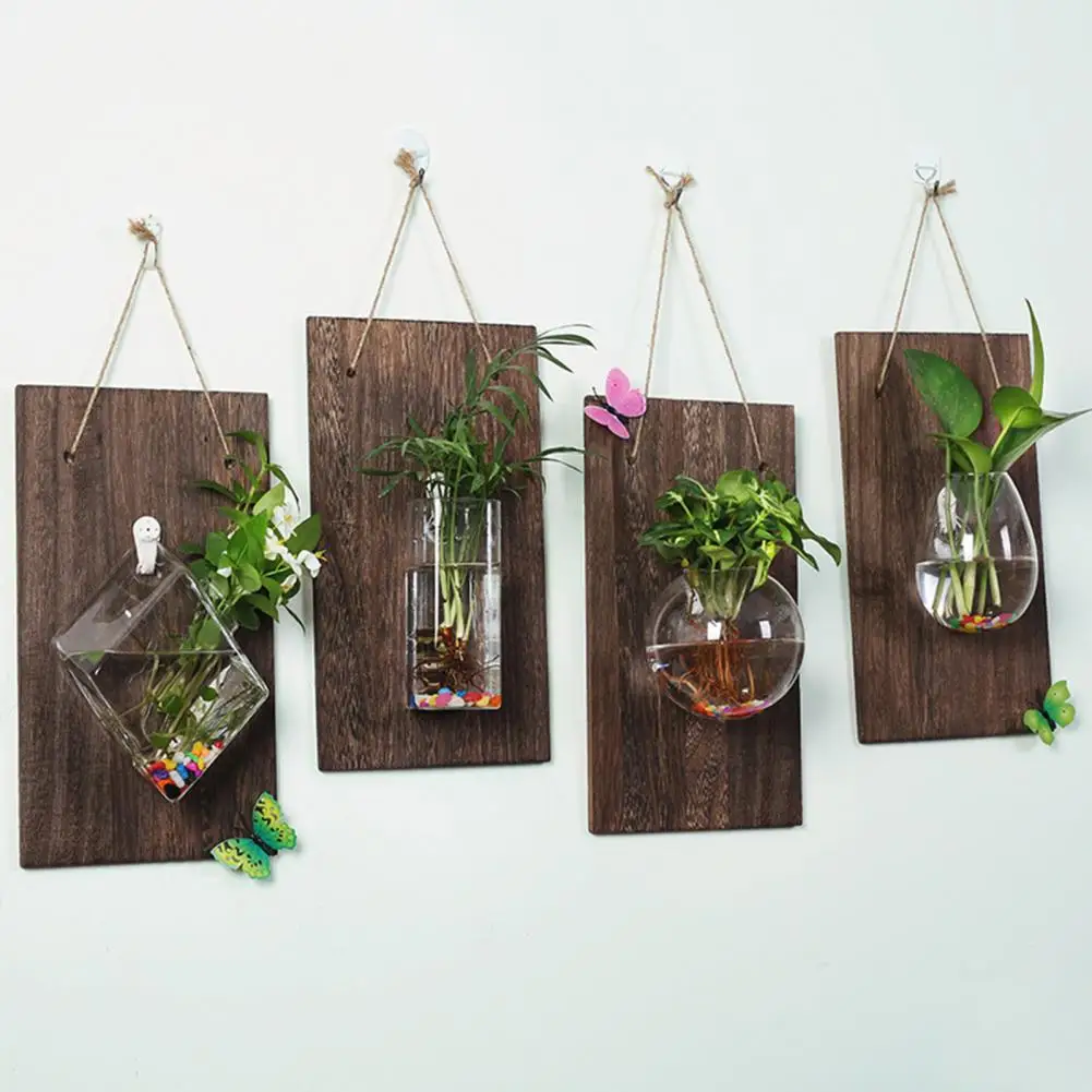 

Glass Wall Planter Hanging Vase with Wooden Board Oblate Flower Vase Hydroponics Plants Flowers Wall Vase Home Decoration