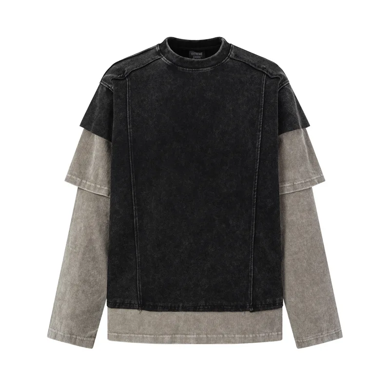 Men's Vintage Hip Hop T Shirts Fake Two Piece High Street Washed Retro Shirt Loose Fit Y2K Long Sleeve Tees Tops Autumn Spring
