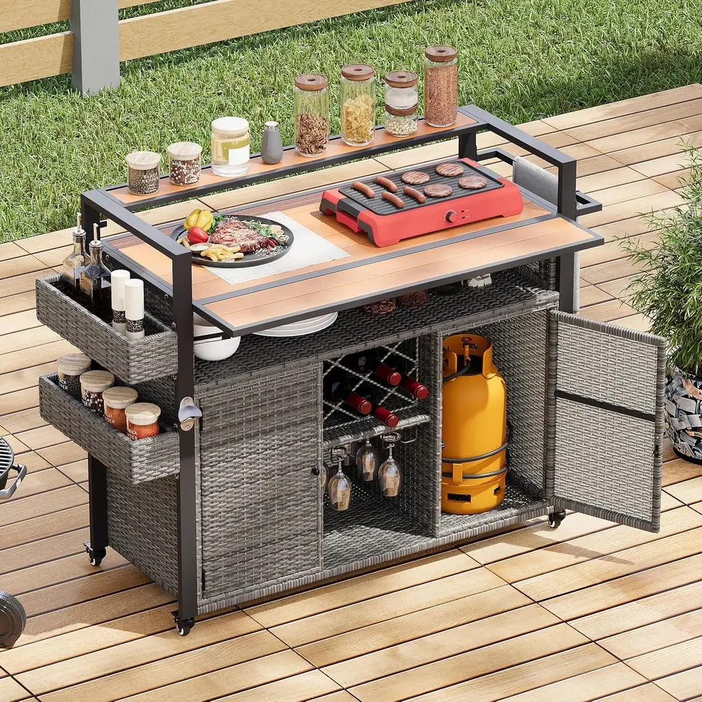 

Gray Outdoor Wicker Grill Cart with Spacious Plastic Wood Table and Rolling Kitchen Storage Cabinet