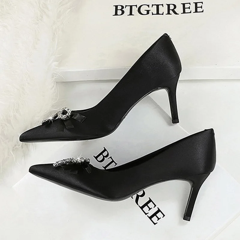 BIGTREE CRYSTAL Diamond Butterfly-knot Satin Pointed Toe Women's Pumps Sexy Thin High Heels Party Prom Mule Shoes view 4